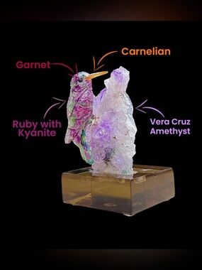 Ruby with Kyanite Hummingbird on Vera Cruz Amethyst Crystal | Crystal Carving